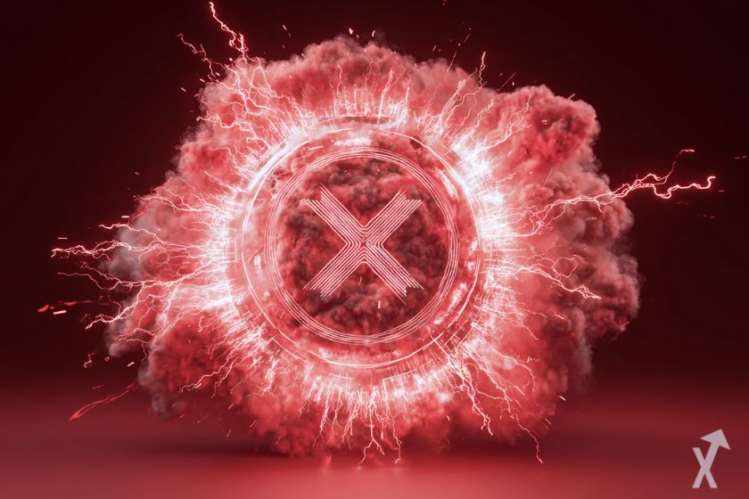 coin 3D xrp rouge, dans une tempête rouge d'électricité et de fumée