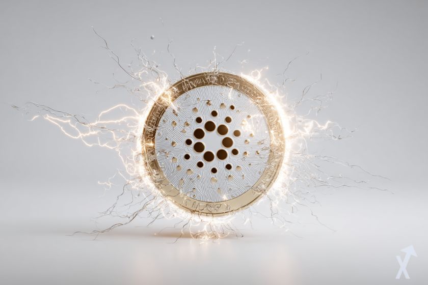 coin 3D cardano gris et doré avec de l'électricité autour sur fond gris