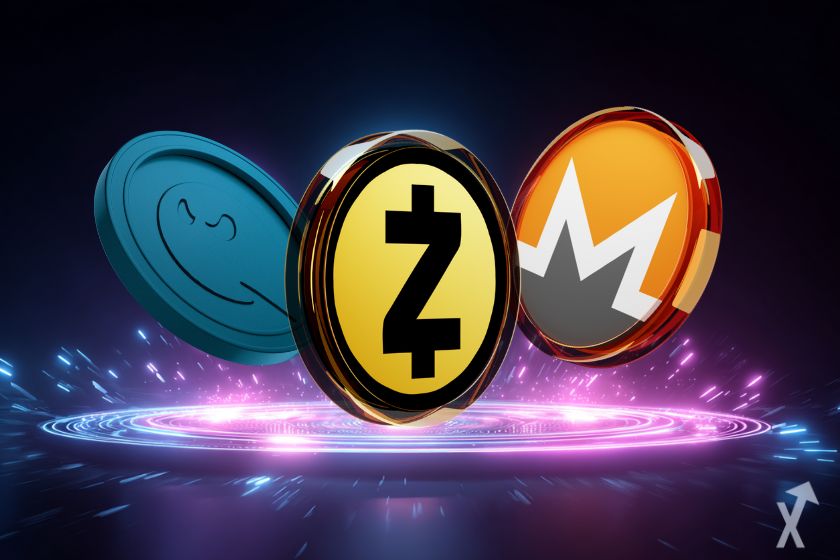 3 cryptomonnaies anonymes : zcash, monero et ghostwareos sur fond sombre