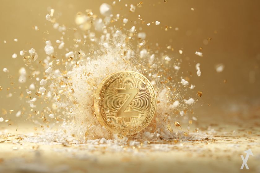coin 3D doré zcash zec dans une explosion blanche et doré, sur fond doré