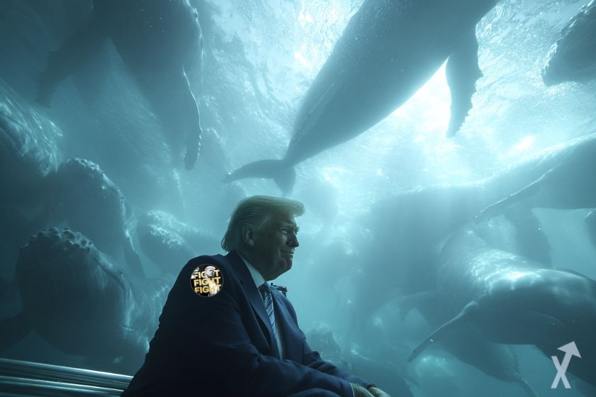 donald trump souriant en costume au milieu des baleines