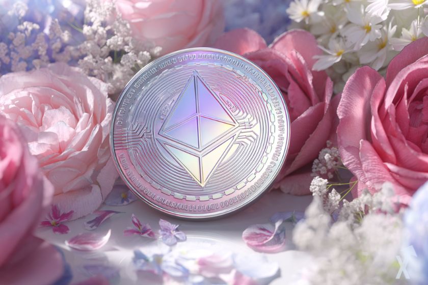 coin 3D ethereum brillant au milieu de fleurs rose et blanche