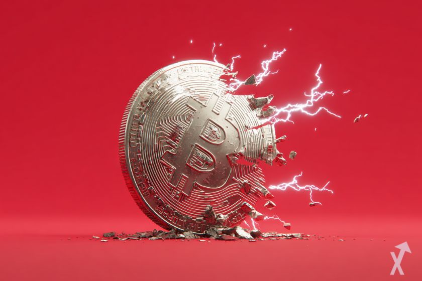 coin 3D bitcoin fissuré avec de l'électricité sur fond rouge