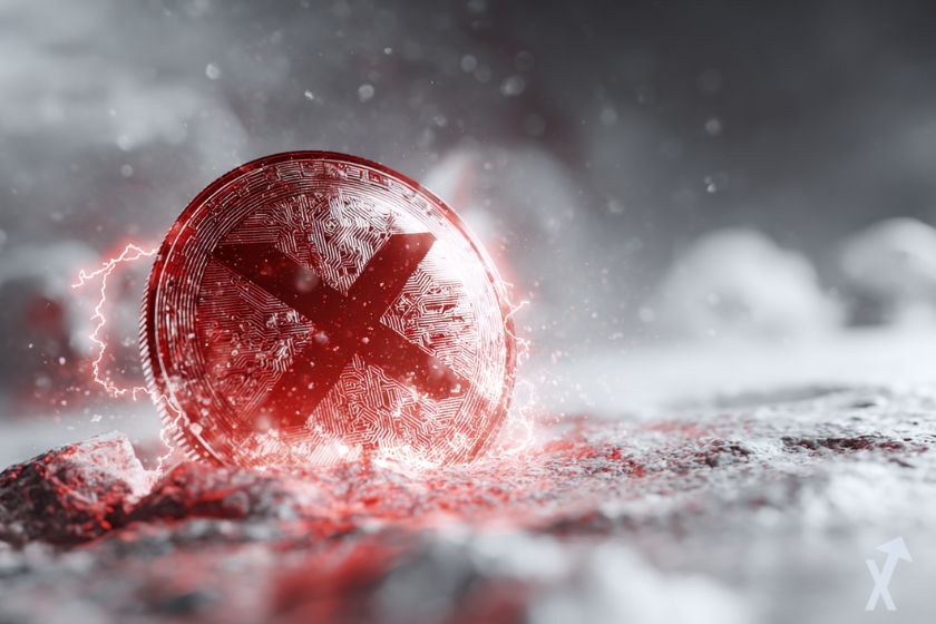 coin XRP rouge avec des éclairs autour dans une tempête blanche