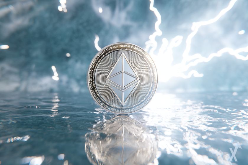 coin ethereum eth brillant dans l'eau avec des éclairs autour