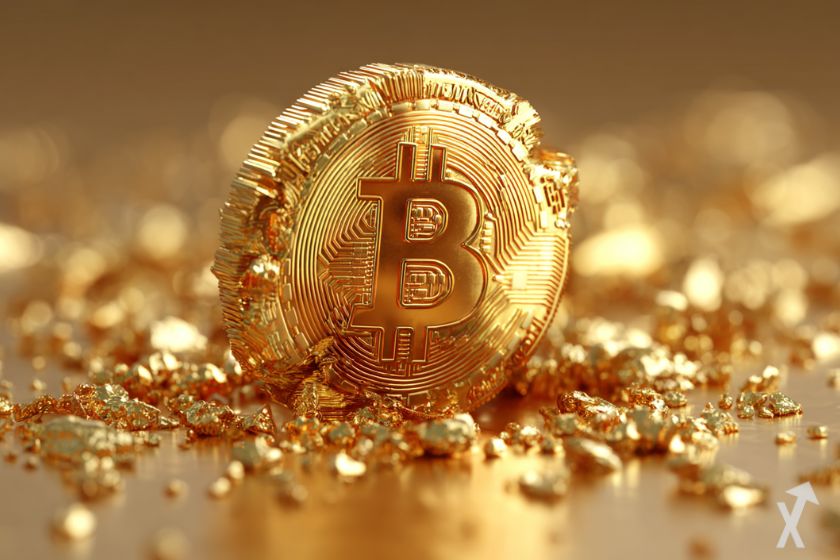 un bitcoin doré avec de l'or autour, dans une environnement lumineux doré