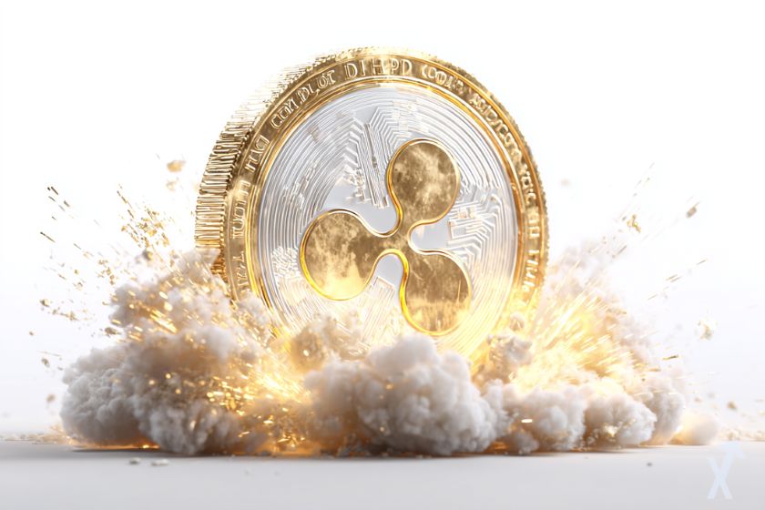 coin 3D xrp doré et blanc dans une explosion dorée et une fumée blanche