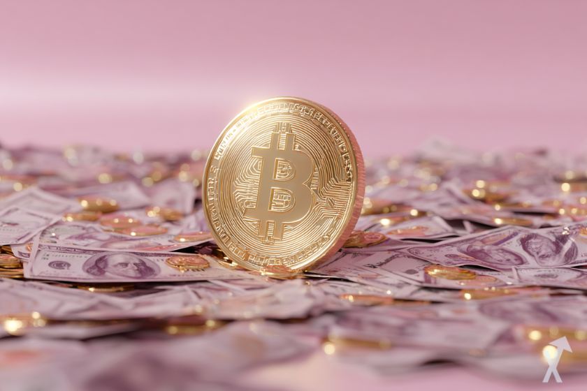 coin 3D bitcoin doré sur des billets de dollars sur fond rose