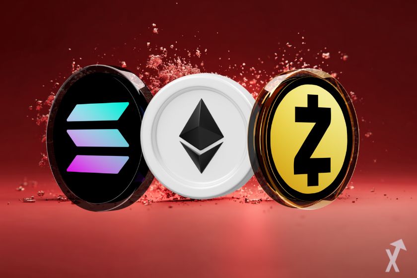logo solana ethereum zcash dans une poussière rouge sur fond rouge