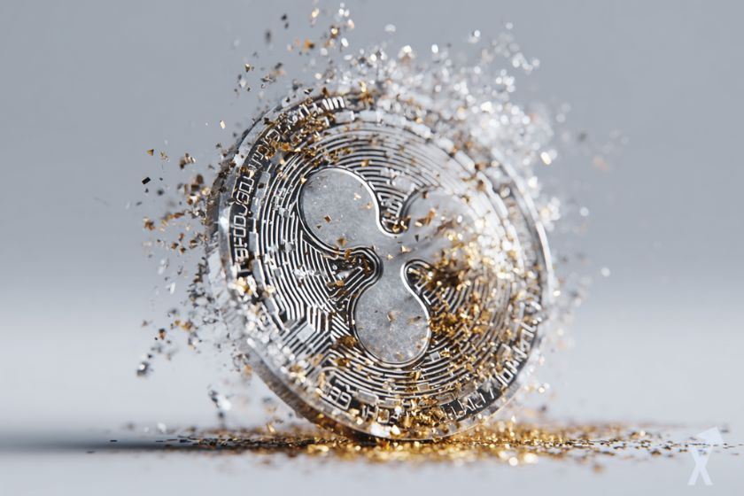 coin 3D xrp gris brillant dans une environnement gris pailleté