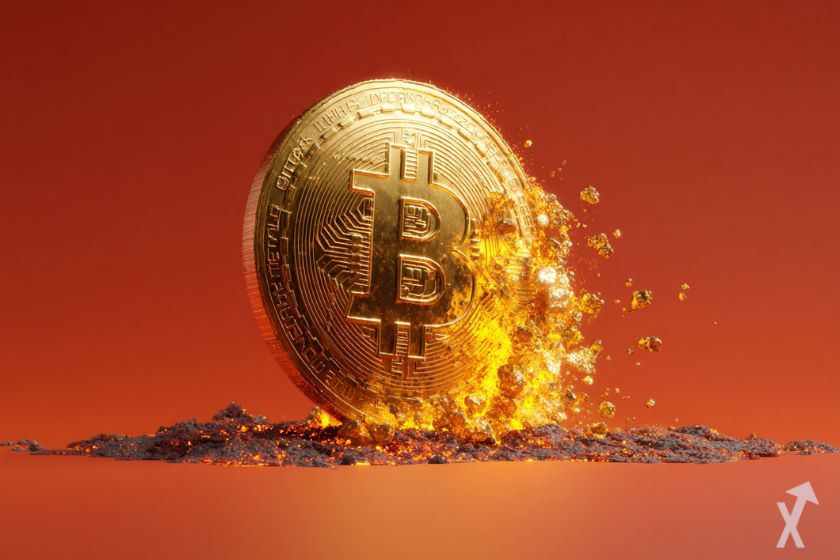 coin 3D bitcoin doré dans la lave orange sur fond rouge