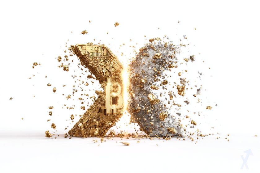 xrp fissuré avec des pierres qui volent en éclat, et le logo bitcoin doré sur fond blanc