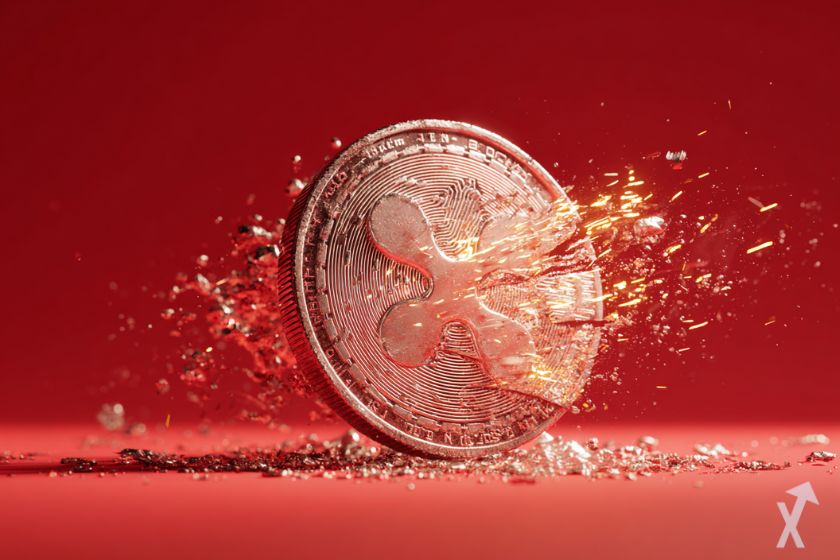 coin 3D xrp en explosion, sur un fond rouge