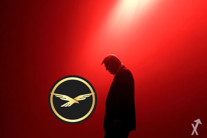 donald trump tête baissée, regardant sa crypto wlfi, sur fond rouge ambiance dramatique