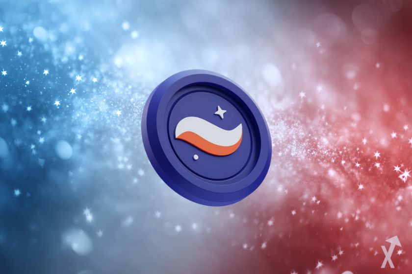 logo starknet au milieu d'étoiles blanches et un fond bleu et rouge