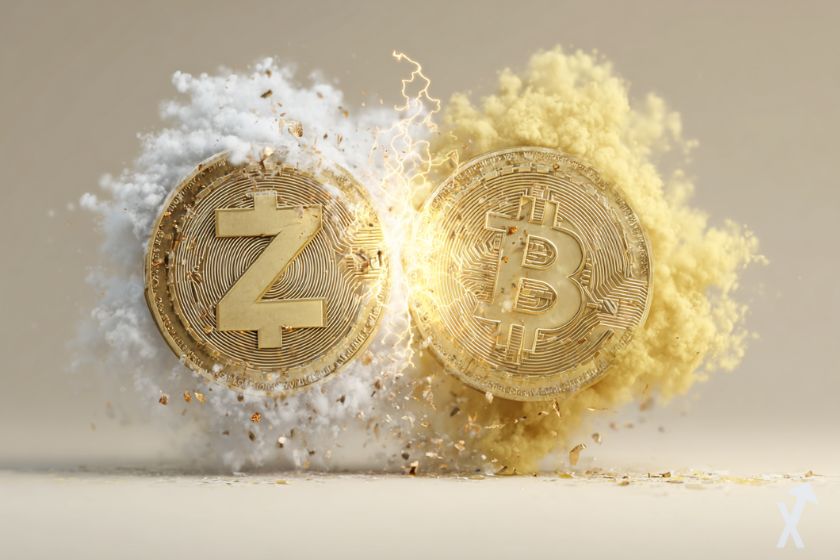coin 3D zcash et bitcoin doré, dans un duel de fumée et d'éclairs sur fond gris