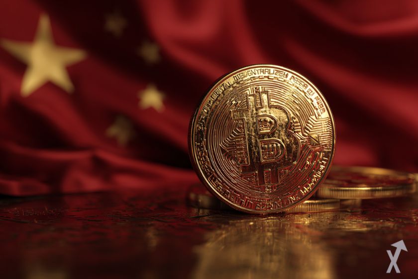 coin 3D bitcoin doré sur fond rouge avec el drapeau chinois
