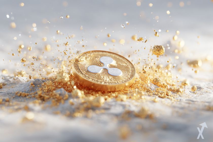 coin 3D xrp doré dans une explosion dorée sur fond gris et blanc