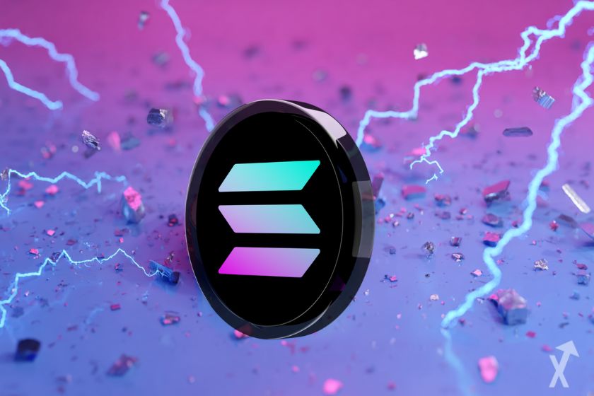 logo solana noir et bleu, au milieu d'éclairs bleu sur fond rose et bleu