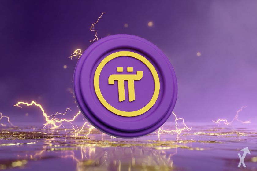 logo pi coin avec des éclairs dorés sur fond violet et doré