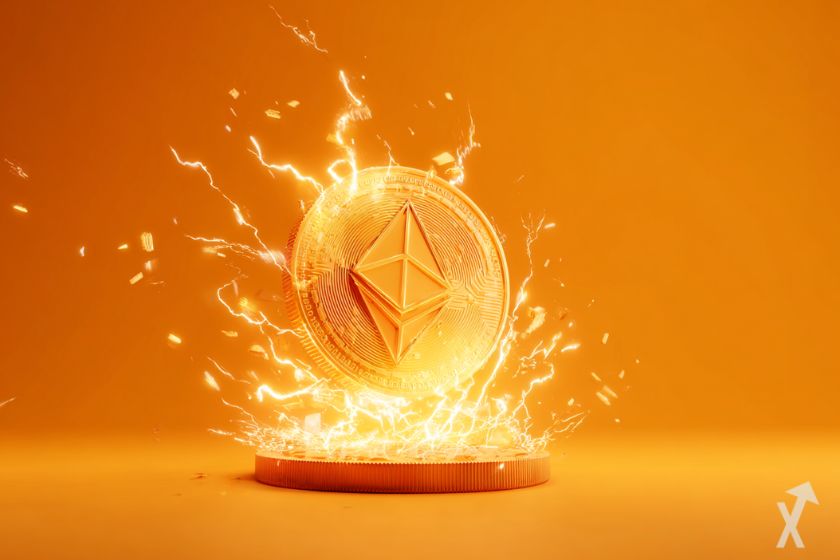 coin 3D ethereum orange, avec une explosion d'électricité autour, sur fond orange