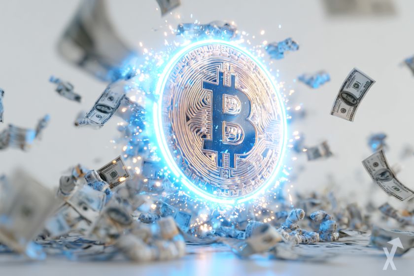 coin 3D bitcoin entouré d'un néon bleu explosif, avec des billets de dollars qui volent autour