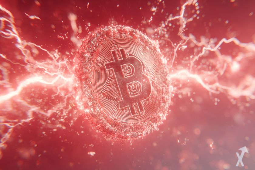 coin 3D bitcoin rouge, dans une tempête électrique