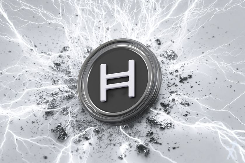 logo hedera hbar au milieu d'une tempête d'éclairs blanc et de poussière noir sur fond gris