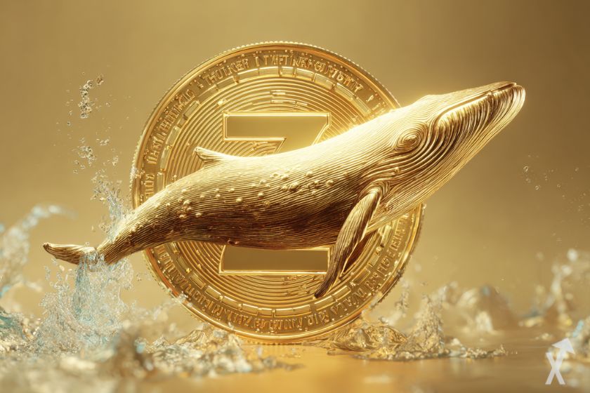 coin 3D zcash zec avec une baleine dorée, de l'eau autour sur fond doré