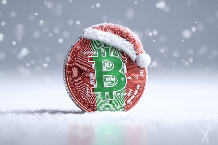 coin 3D bitcoin aux couleurs de noël rouge vert blanc, dans la neige