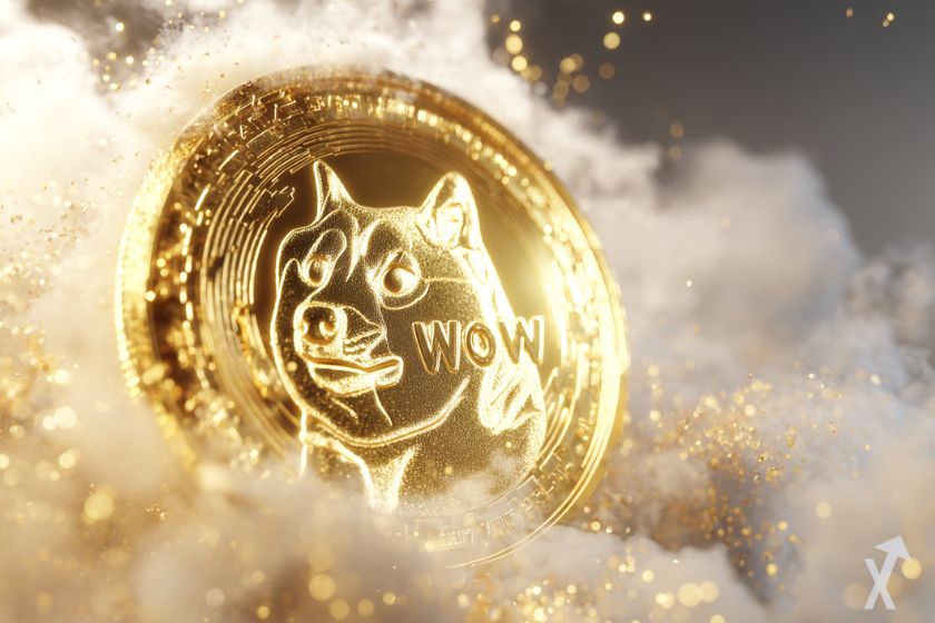 coin 3D dogecoin doge brillant dans une épaisse fumée dorée