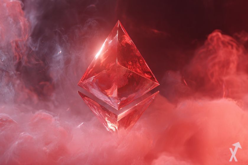 coin 3D ethereum eth en mode diamant rouge brillant, dans une épaisse fumée rouge