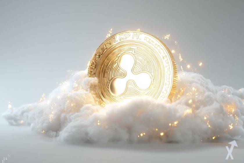 coin 3D xrp doré brillant sur un nuage blanc et lumineux
