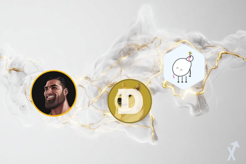 3 memecoins sur un nuage doré et lumineux