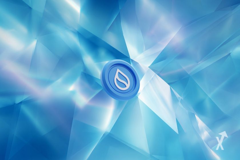 Le token bleu de Sui sur un fond bleu clair avec des formes abstraites