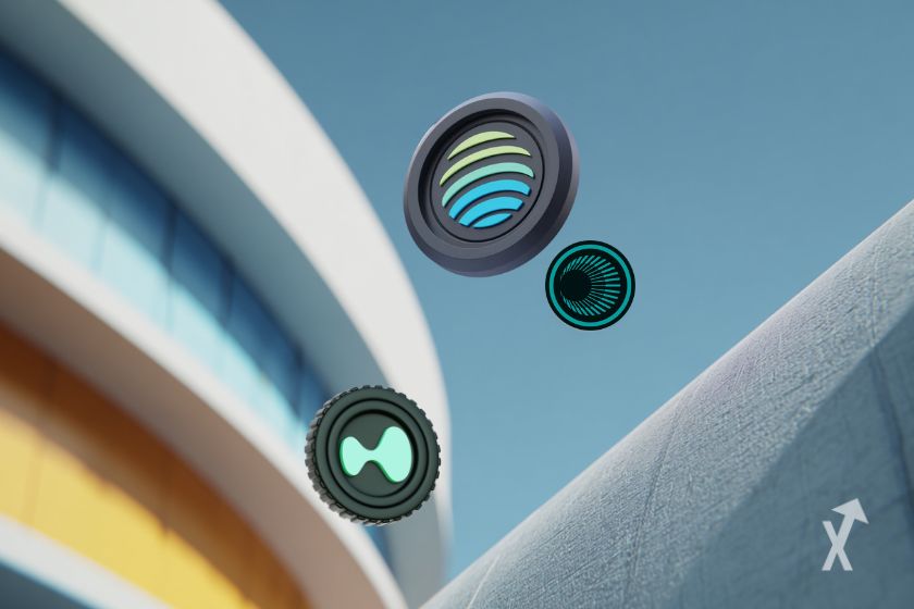 Un fond ensoleillé avec un ciel bleu, un token Hyperliquid et d'autres tokens avec le logo Jupiter et Plasma