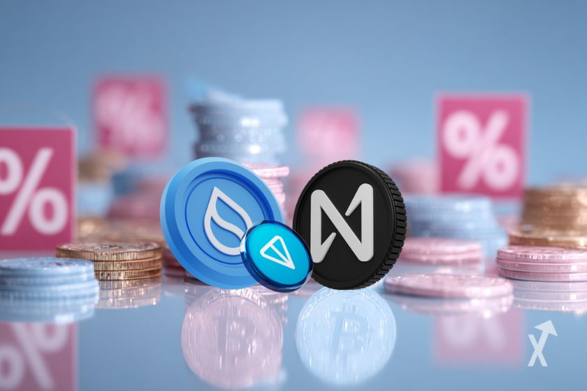Un fond bleu doux avec trois tokens d'altcoins au premier plan : SUI, NEAR et TON