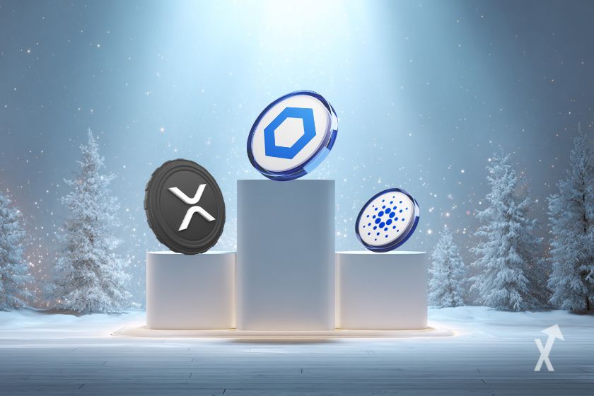 Un podium blanc sous la neige avec les tokens des altcoins XRP, ADA et LINK