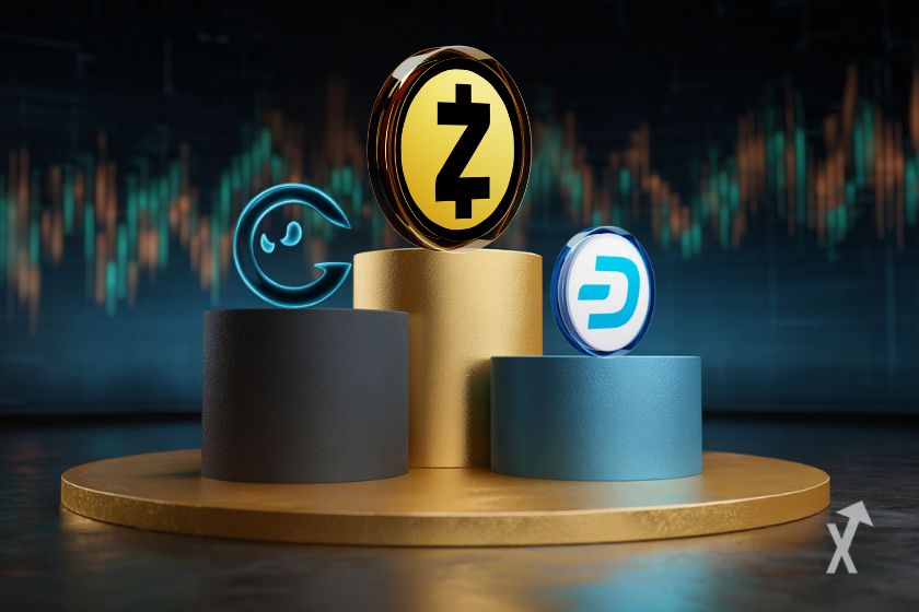 Un podium de différentes couleurs avec les tokens Zcash, GHOST et Dash et un fond de graphique de prix
