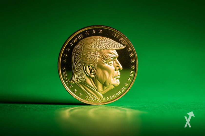 Une pièce en or avec le visage de Donald Trump de profil sur un fond vert
