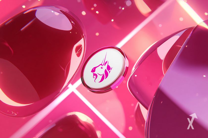 Le token Uniswap sur un fond abstrait tout de rose