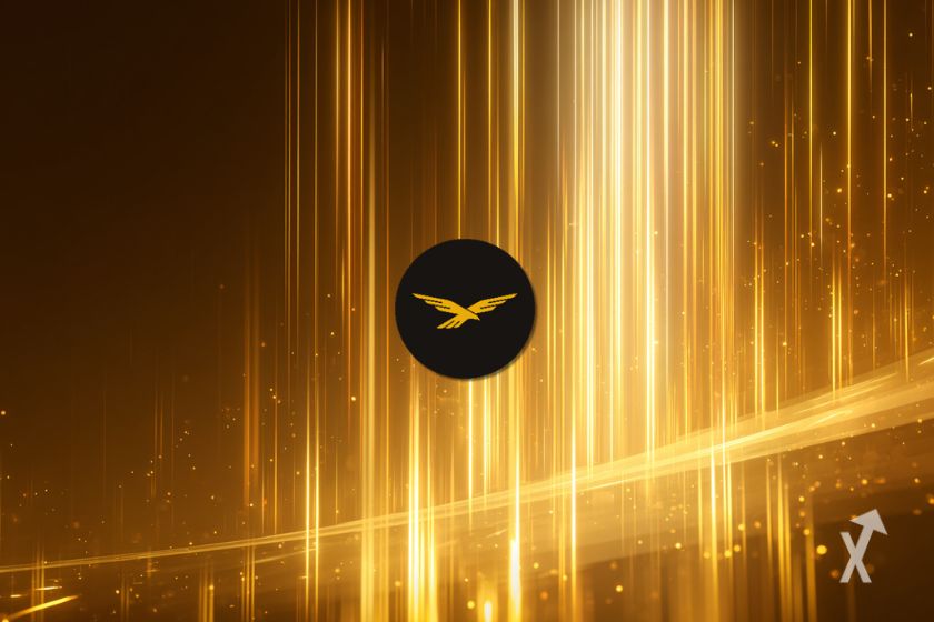 Le logo WLFI au centre de l'image sur un fond avec des lueurs dorées