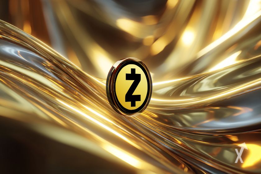 Le token Zcash sur un fond doré avec des formes abstraites
