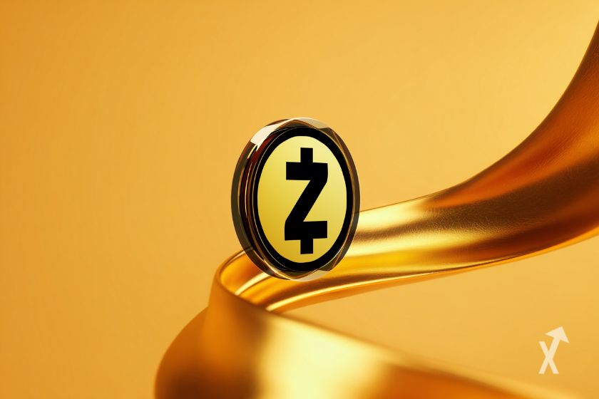Le token de Zcash sur un fond jaune avec une forme abstraite