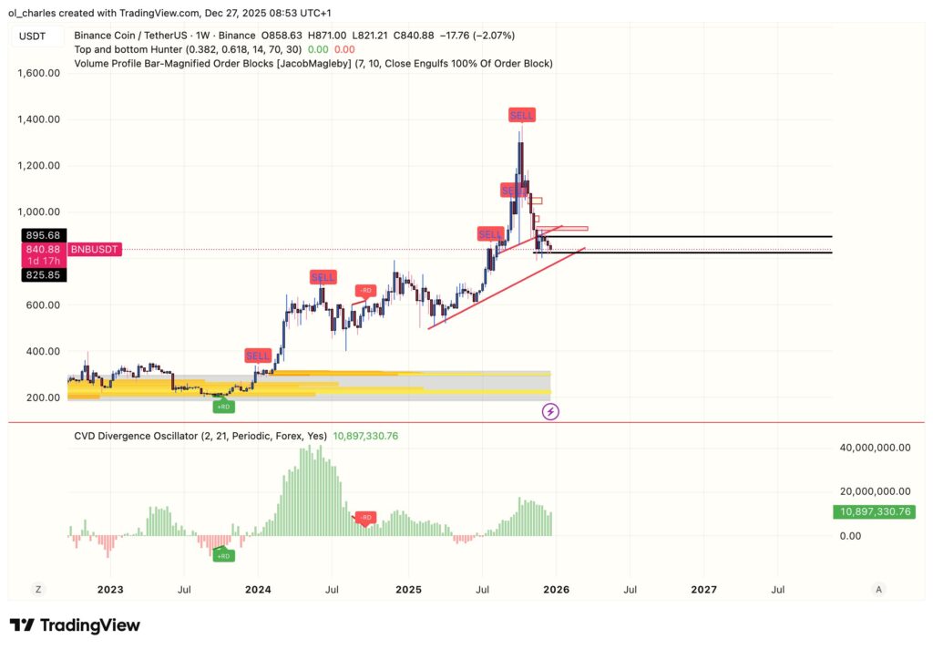 cours du BNB en weekly avec order block et CVD