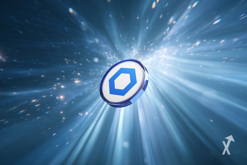 Le token blanc de Chainlink sur un fond d'éclats de lumière bleue