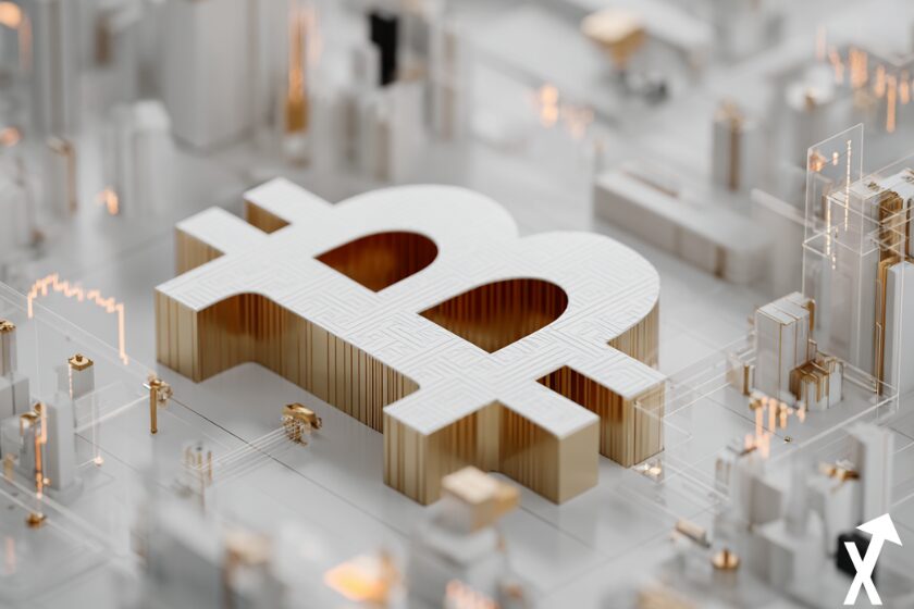 bitcoin logo blanc B sur fond blockchain blanche