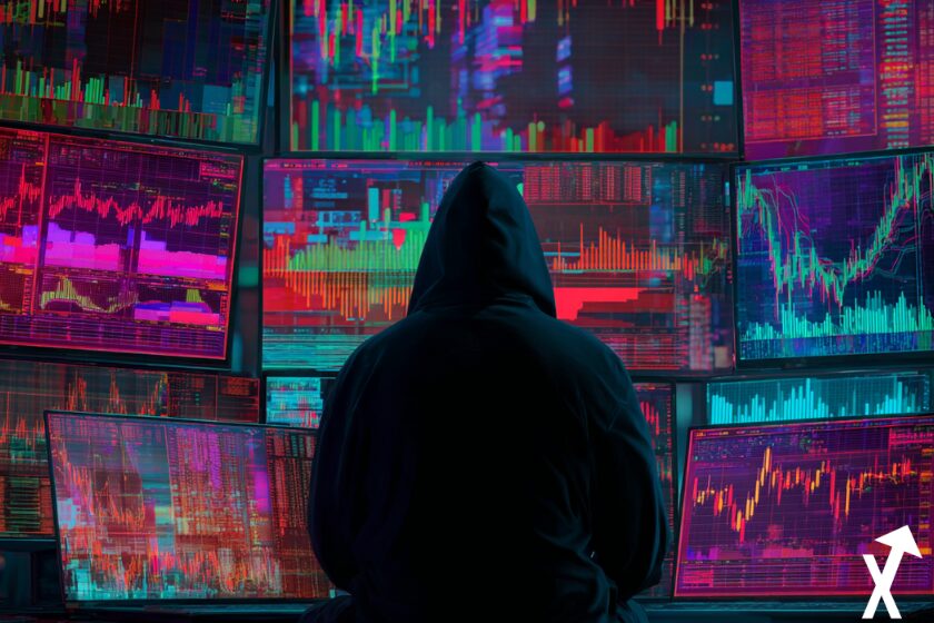 haker en noir capuché sur fond multi screen trading crypto