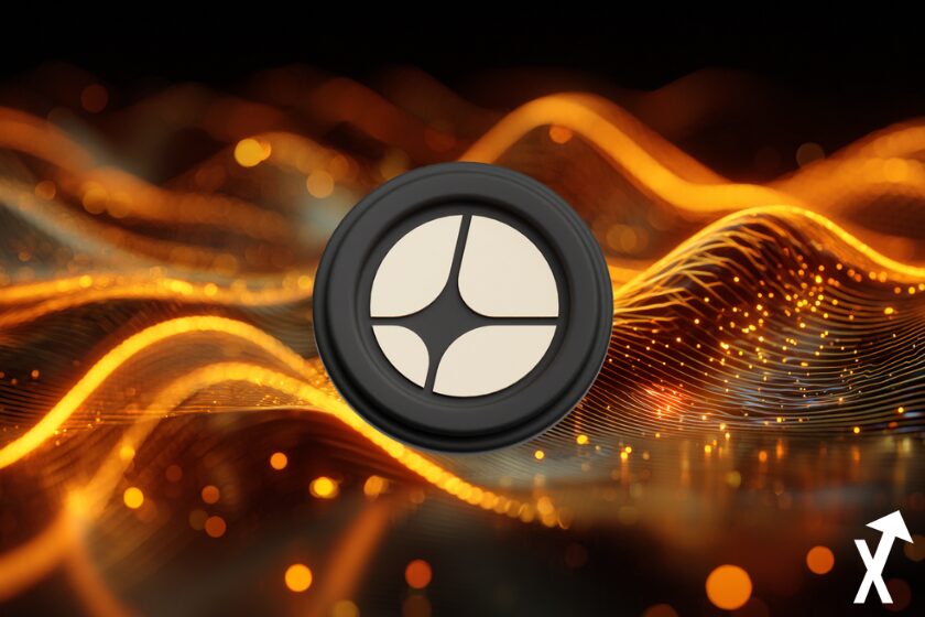 ASTER coin noir beige sur fond orange blockchain vague