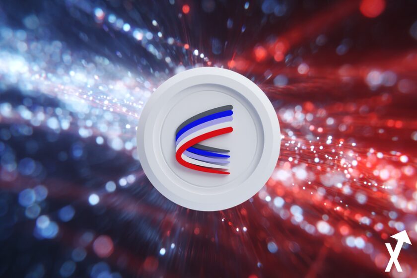 aero coin crypto bleu blanc rouge sur fond futuriste